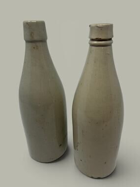 Pair Antique Port Dundas Glascow Stoneware Ginger Beer Bottles Varied Lips CORKS